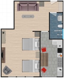 Outline of 1-bedroom corporate apartment with elevator.