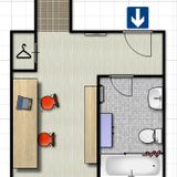 Outline of 1-bedroom corporate apartment with stairs.