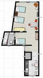 Outline of 1,5 bedroom corporate apartment on sreet level.